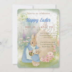 A mother rabbit with a baby rabbit and Easter eggs Invitation