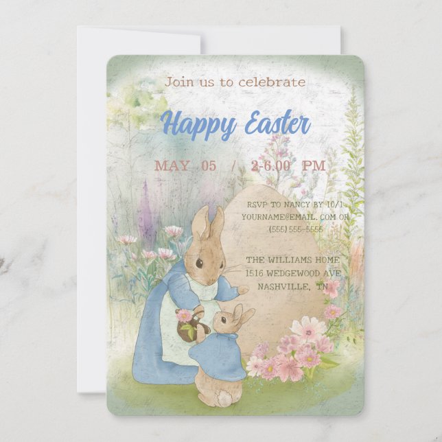 A mother rabbit with a baby rabbit and Easter eggs Invitation (Front)