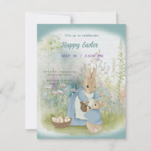 A mother rabbit with a baby rabbit and Easter eggs RSVP Card
