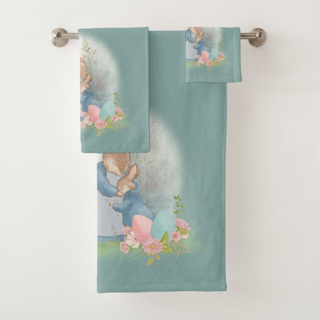 A mother rabbit with a baby rabbit in a meadow wit bath towel set (Insitu)