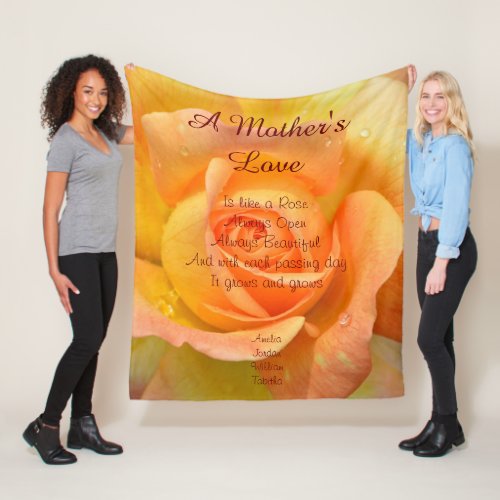 A Mothers Love is like a Rose Yellow Orange Fleece Blanket