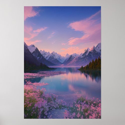 A Mountain Lake and a Sky of Pink Poster