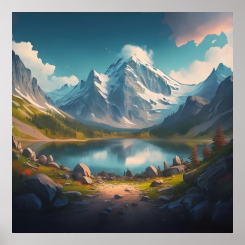 a Mountain Landscape with a Lake and Mountain Poster