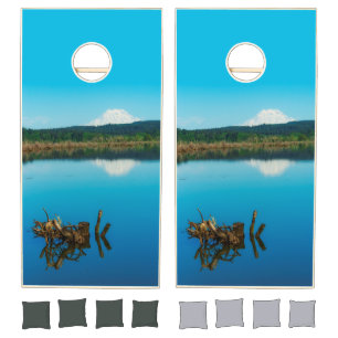 A Mountain Peers Over a Hedge Cornhole Set