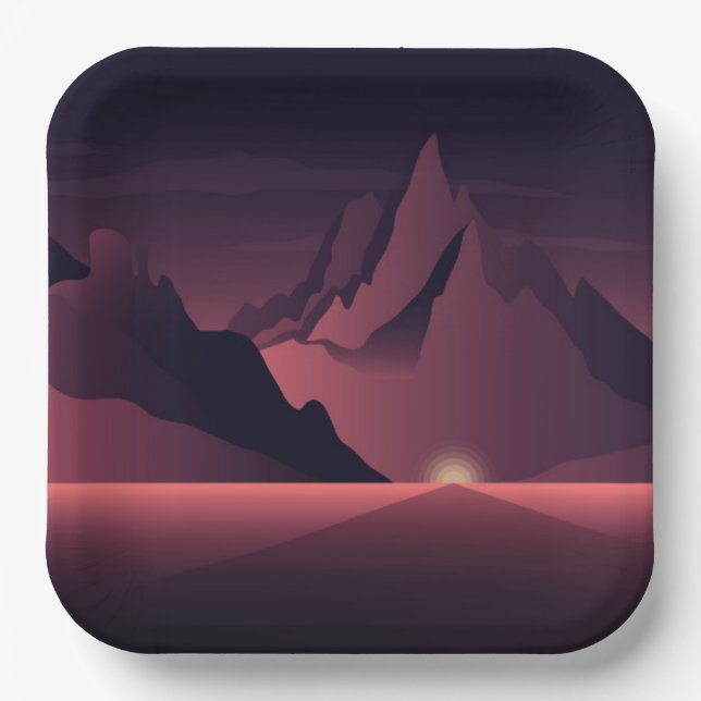 A mountain sunset illustration        paper plates (Front)
