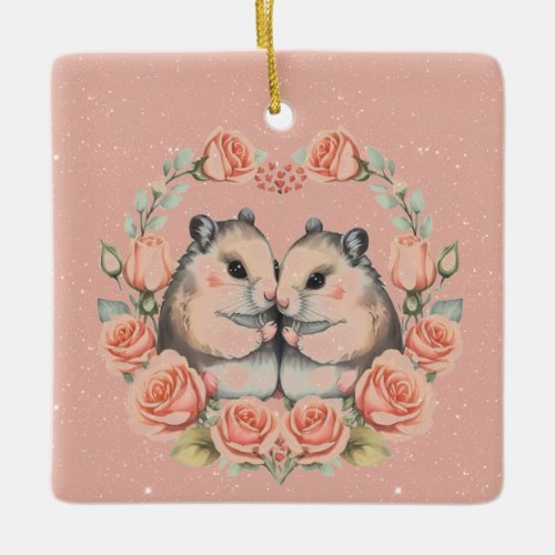 A Mouse Couple In a Wreath of Roses Valentine Cera Ceramic Ornament