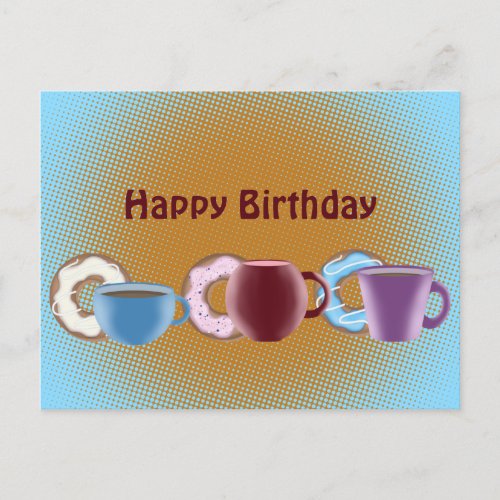 A mug of coffee and a sweet donut Happy Birthday Postcard