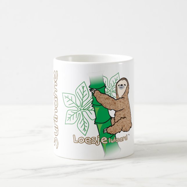 A mug with an image of a sloth on it (Center)