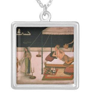 A Mughal prince receiving a lady at night Silver Plated Necklace