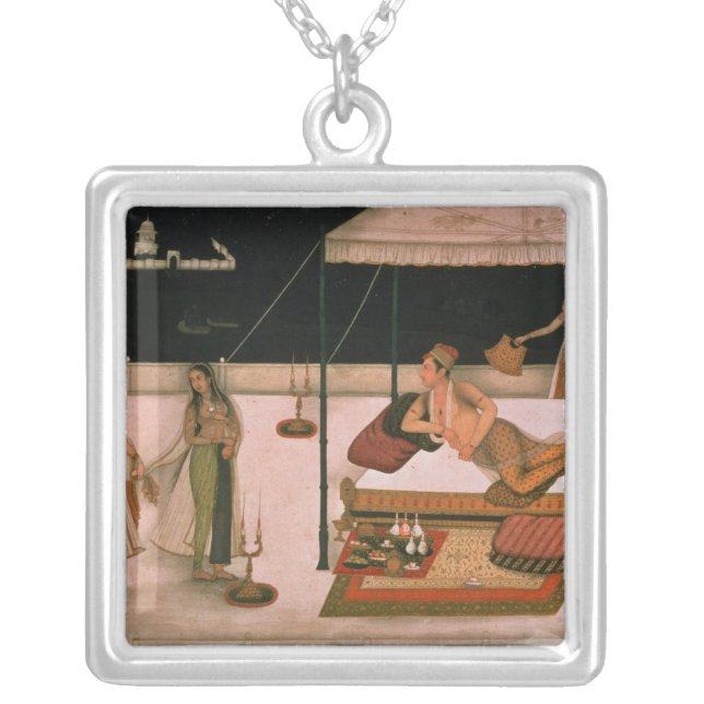 A Mughal prince receiving a lady at night Silver Plated Necklace (Front)