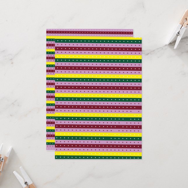 a multicolored striped background with dots invitation (Front/Back In Situ)