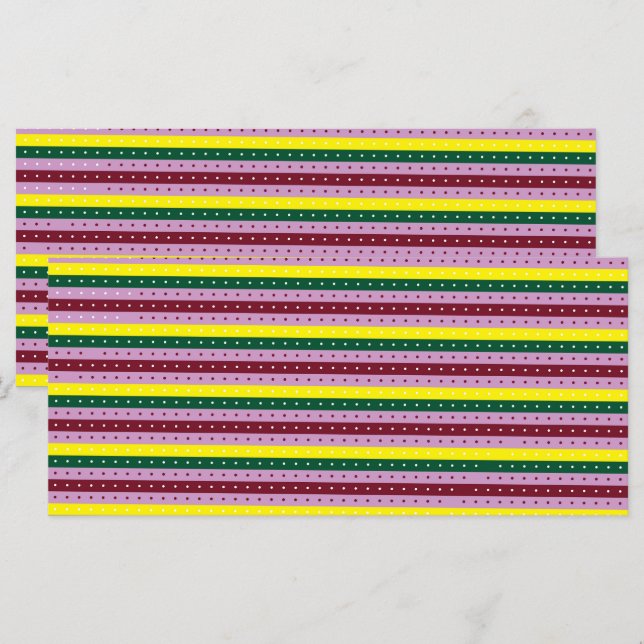 a multicolored striped background with dots menu (Front/Back)