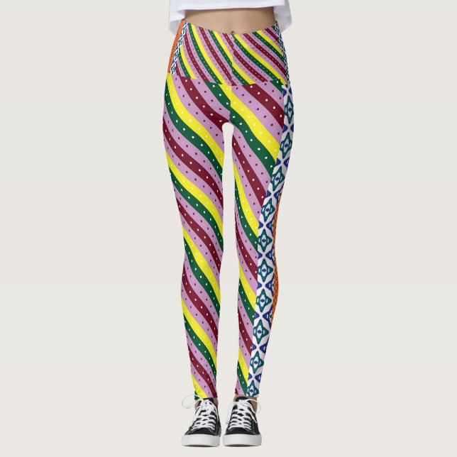 a multicolored striped pattern with dots leggings (Front)