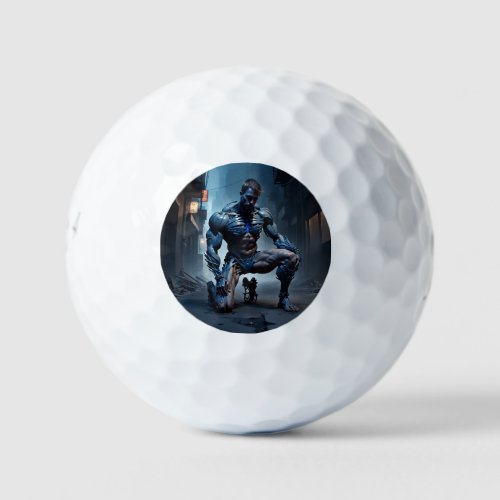 A muscled man with one knee on the ground seems to golf balls