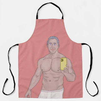 A muscular gray-haired man taking a selfie apron