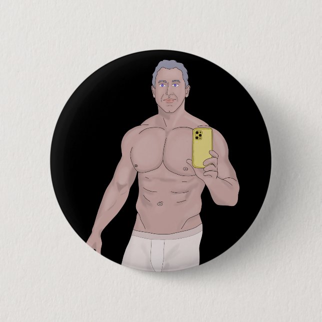 A muscular gray-haired man taking a selfie button (Front)