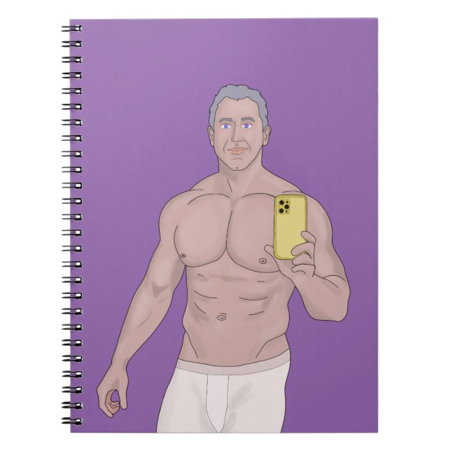 A muscular gray-haired man taking a selfie notebook (Front)