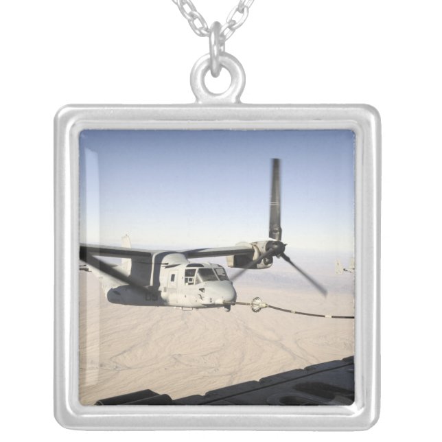 A MV-22 Osprey refuels midflight Silver Plated Necklace (Front)