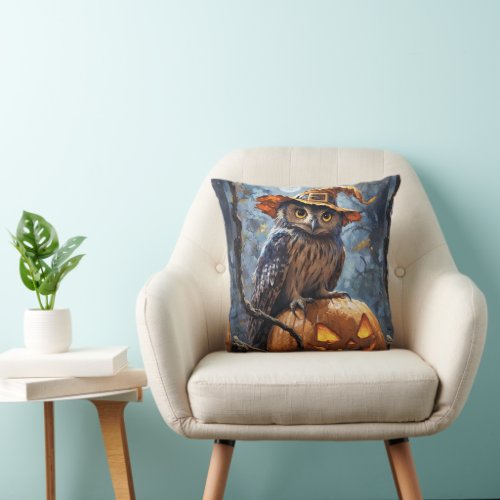 A mysterious, charming owl wearing an orange hat s throw pillow