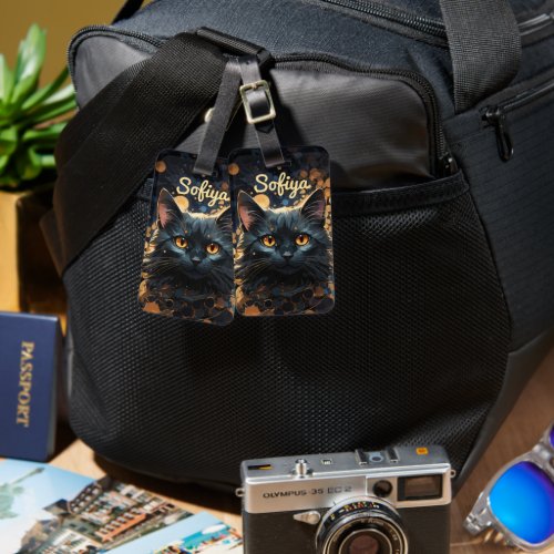 A mysterious majestic black cat glitter name luggage tag