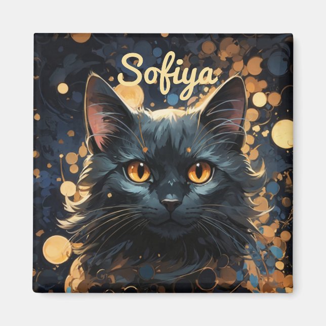 A mysterious majestic black cat glitter name magnet (Front)