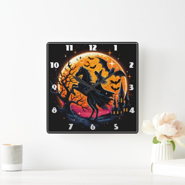 A mystical Halloween horse ride under a full moon Square Wall Clock (Home)