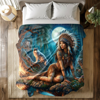 A mystical night with a native Indian and wolves Duvet Cover