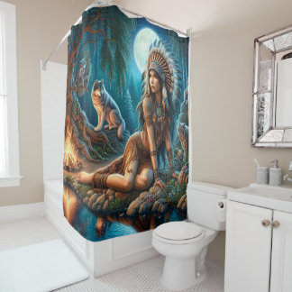 A mystical night with a native Indian and wolves Shower Curtain