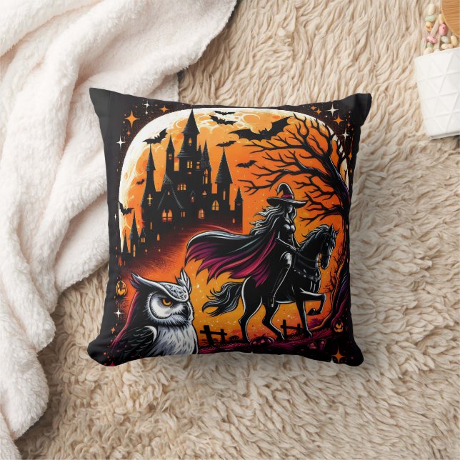 A mystical ride with a Halloween horse at night Throw Pillow (Blanket)