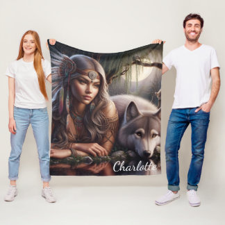 A native Indian and a wolf resting by the water Fleece Blanket