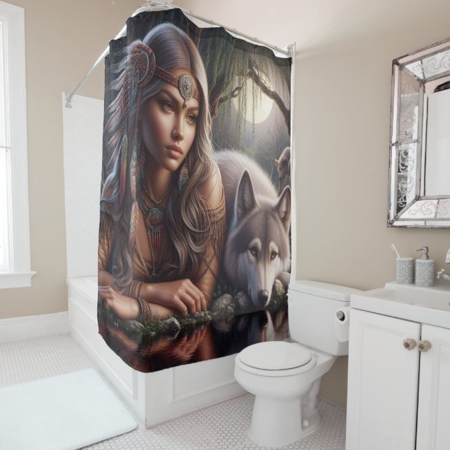 A native Indian and a wolf resting by the water Shower Curtain (In Situ)
