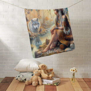 A Native Indian girl and a wolf by a serene river Baby Blanket