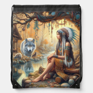 A Native Indian girl and a wolf by a serene river Drawstring Bag