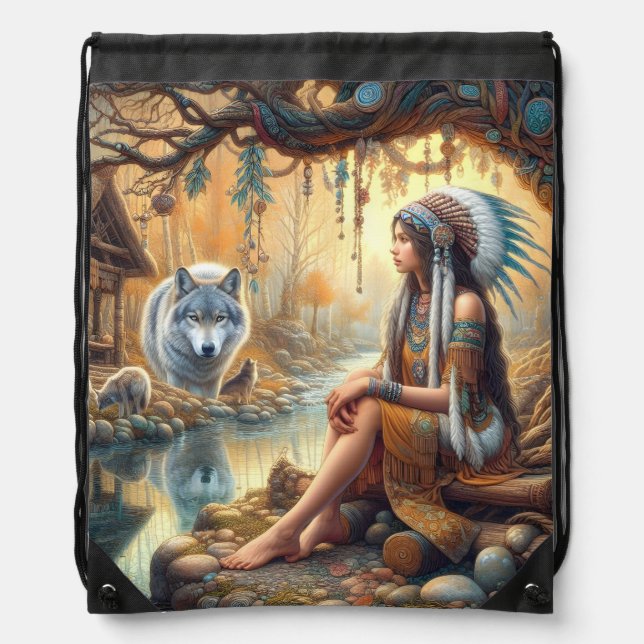 A Native Indian girl and a wolf by a serene river Drawstring Bag (Front)