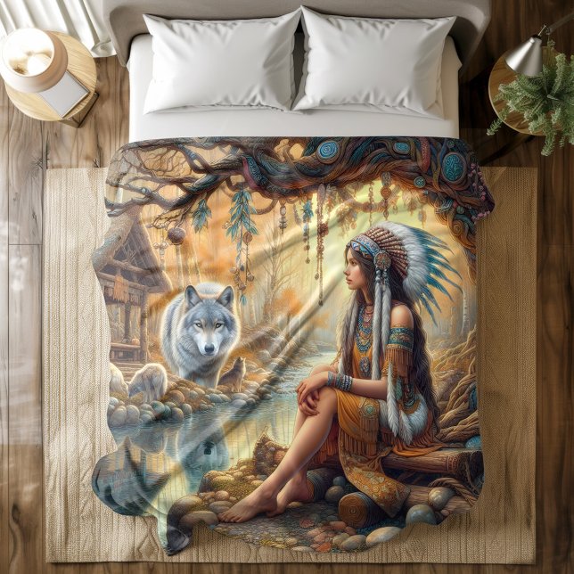 A Native Indian girl and a wolf by a serene river Duvet Cover (Creator Uploaded)