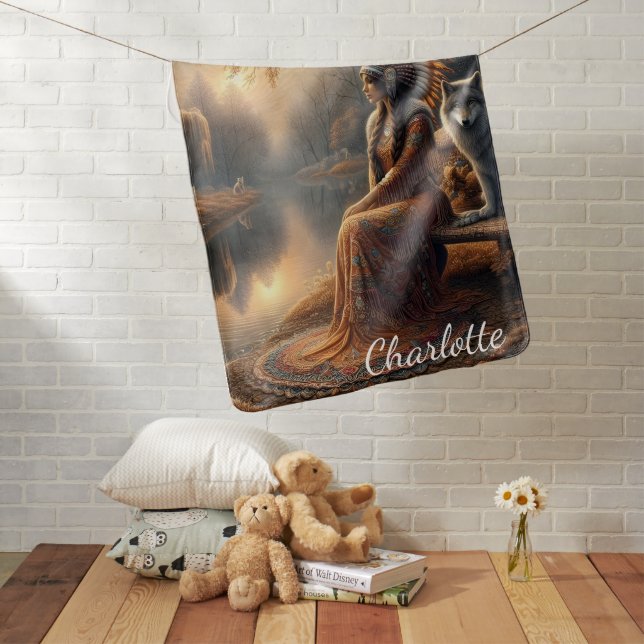 A Native Indian woman and her loyal wolf companion Baby Blanket (In Situ)