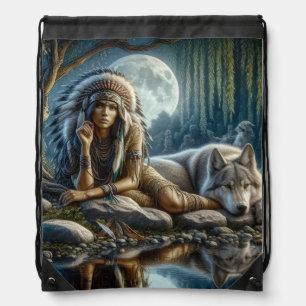 A Native Indian woman and her loyal wolf companion Drawstring Bag