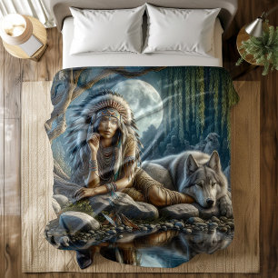 A Native Indian woman and her loyal wolf companion Duvet Cover