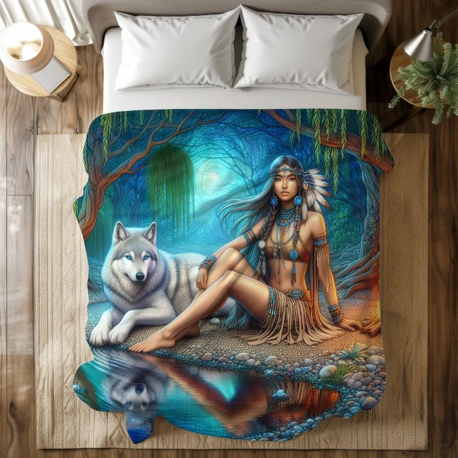 A Native Indian woman and her loyal wolf companion Duvet Cover (Creator Uploaded)