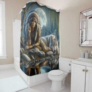 A Native Indian woman and her loyal wolf companion Shower Curtain