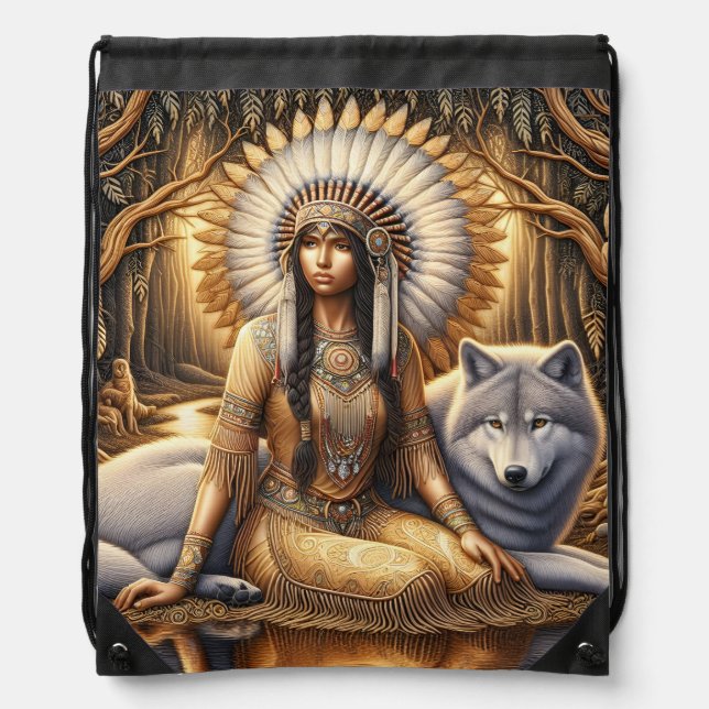 A Native Indian woman shares a bond with a wolf Drawstring Bag (Front)