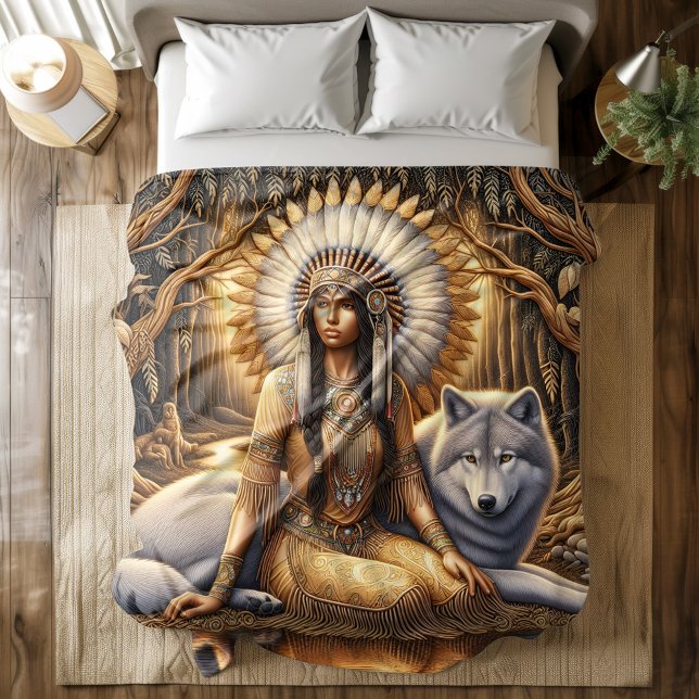 A Native Indian woman shares a bond with a wolf Duvet Cover (Creator Uploaded)