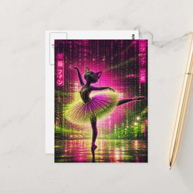 A neon ballet cat in the cyberpunk city  postcard (Front/Back In Situ)