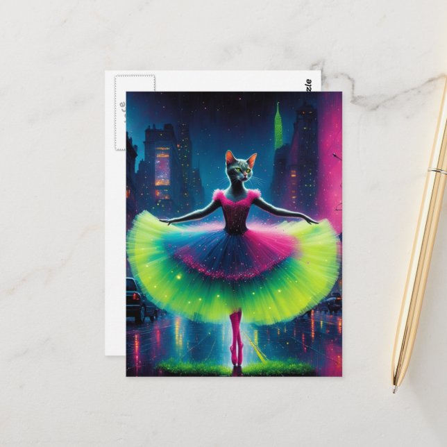 A neon grey ballet cat in the cyberpunk city  postcard (Front/Back In Situ)