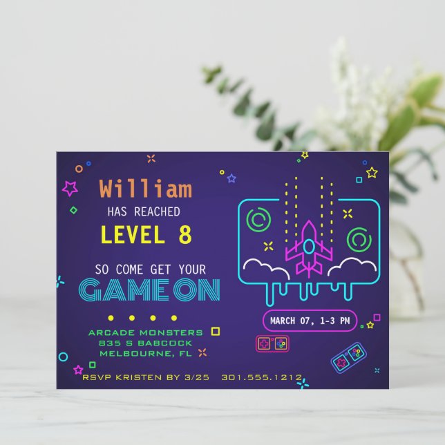 A Neon Retro Gaming Kids Birthday Party Invitation (Standing Front)