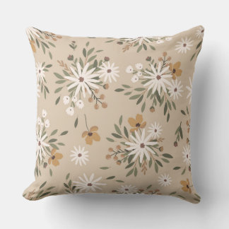 A neutral beige color with white and peach flowers throw pillow