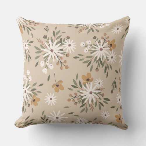 A neutral beige color with white and peach flowers throw pillow