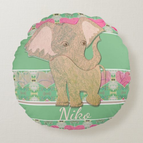 A New Baby Boy Elephant  Green Round Pillow