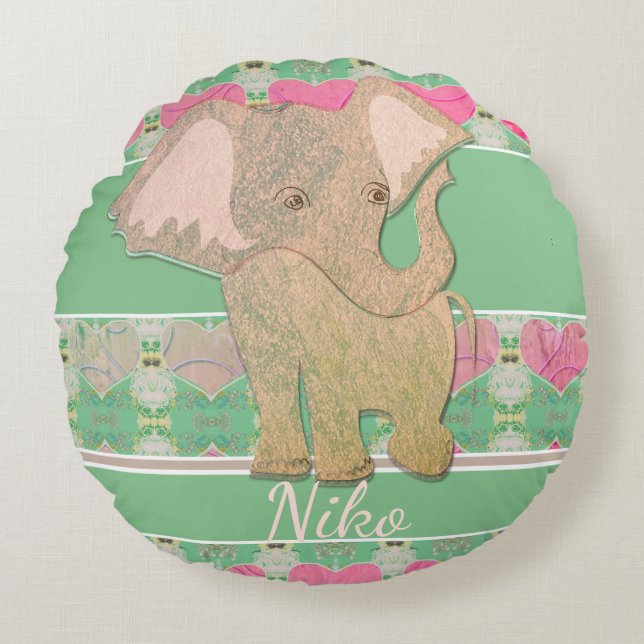 A New Baby Boy! Elephant & Green Round Pillow (Front)