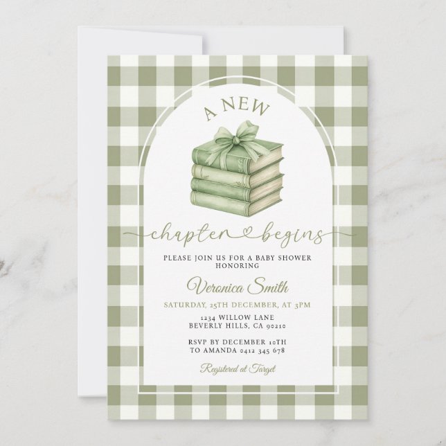 A New Chapter Begin Book Sage Gingham Baby Shower Invitation (Front)
